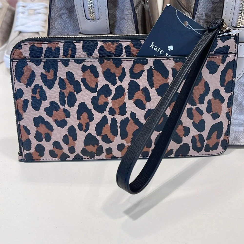 Kate Spade Lucy Leopard Medium L Zip Wristlet Brown Multi Leopard NWT